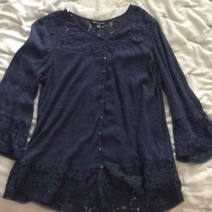 Collar and sleeve lace navy button down blouse